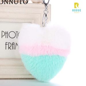 🆕White, Pink & Aqua Heart Pom Keychain Bag Charm